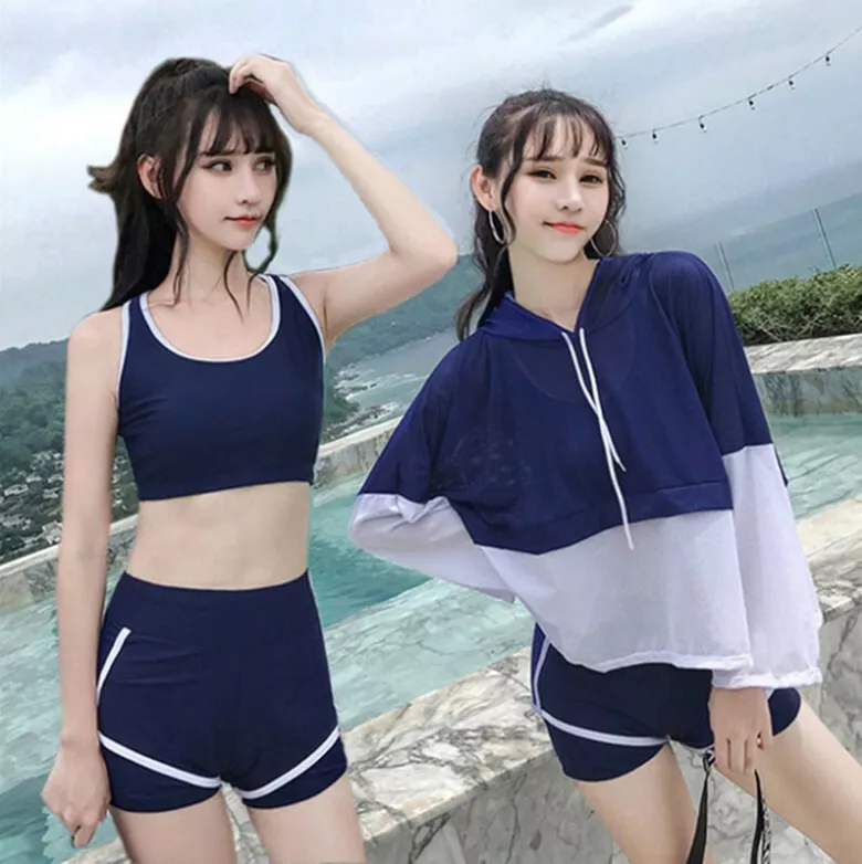 Korean Women Three-Piece Sports Swimsuit Hoodie Bikini Swimwear Bathing Suit