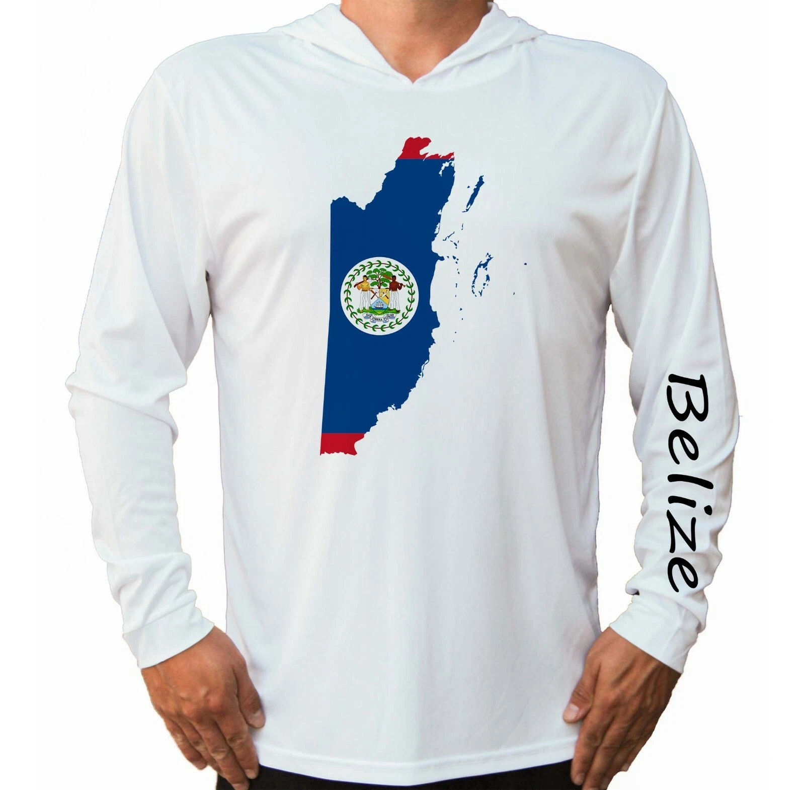 Flag of Belize Map Sport UV Protected UPF 50 Long Sleeve T-Shirt Hood Fishing