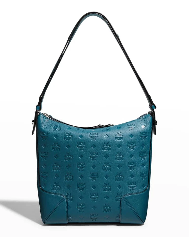 New MCM Medium Klara Leather Hobo Bag Deep Teal