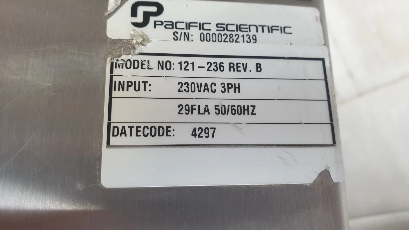 Nameplate of a second Pacific Scientific 121-236 Rev. B unit, 230VAC 3PH
