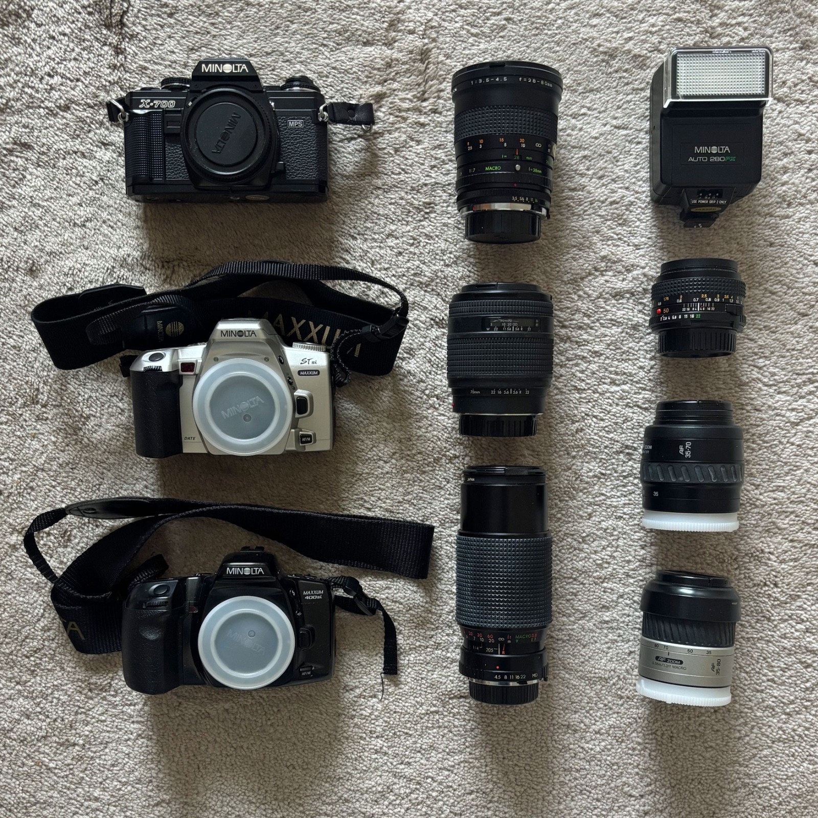 Minolta 35mm Lot of 3 Cameras, 6 Lenses, 1 Flash USED