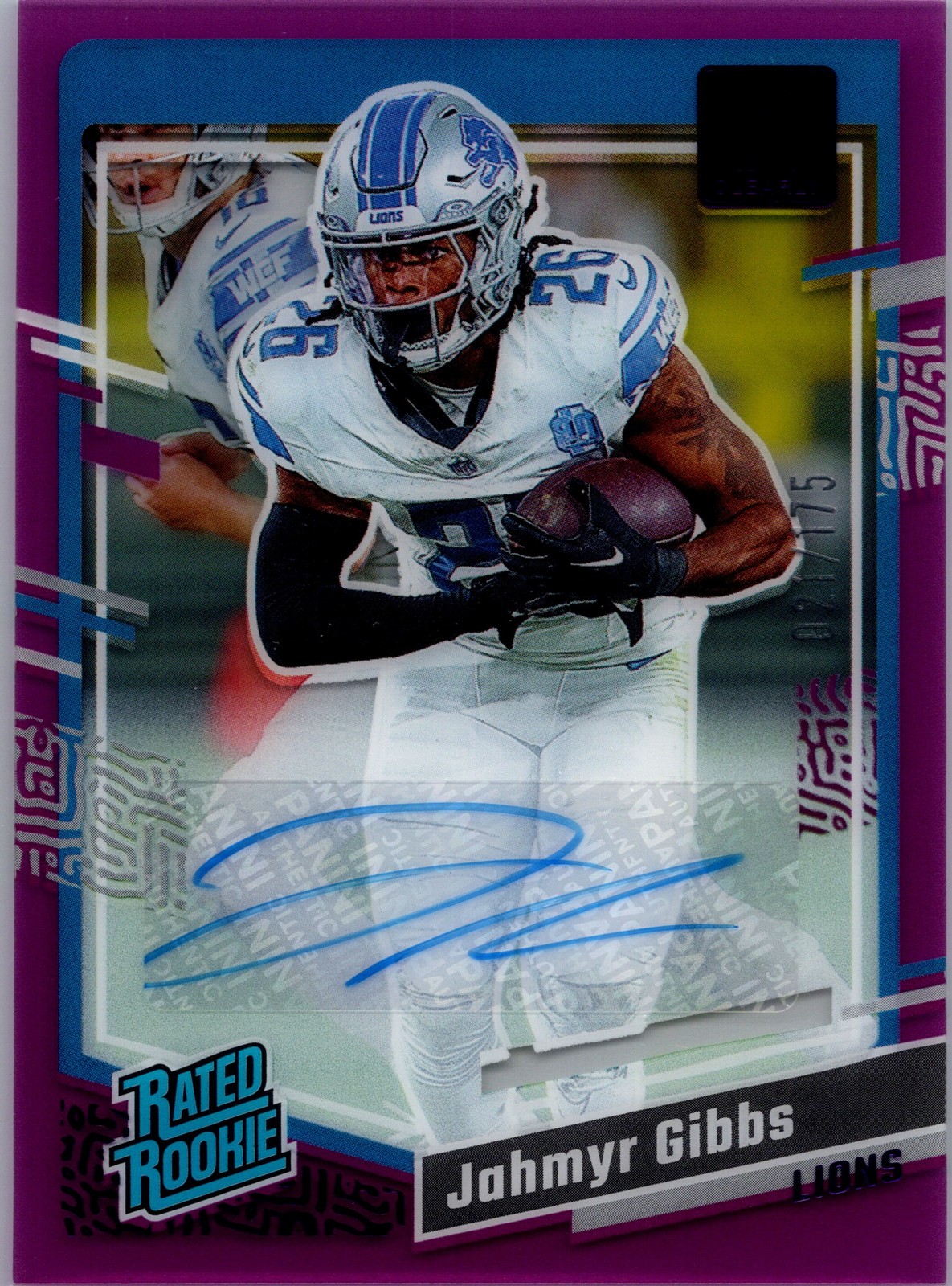 2023 Clearly Donruss #62 Jahmyr Gibbs Rated Rookie Autographs Purple #/175