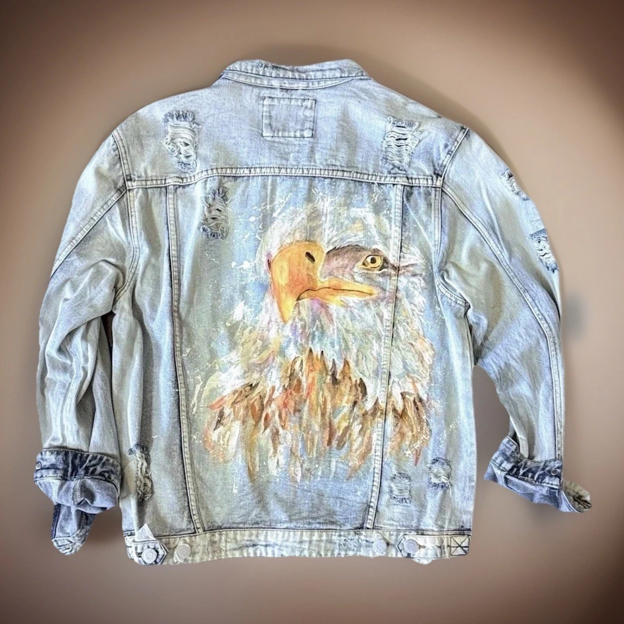 Victorious Denim Jacket Mens L Light Wash Distressed Hand Painted Eagle