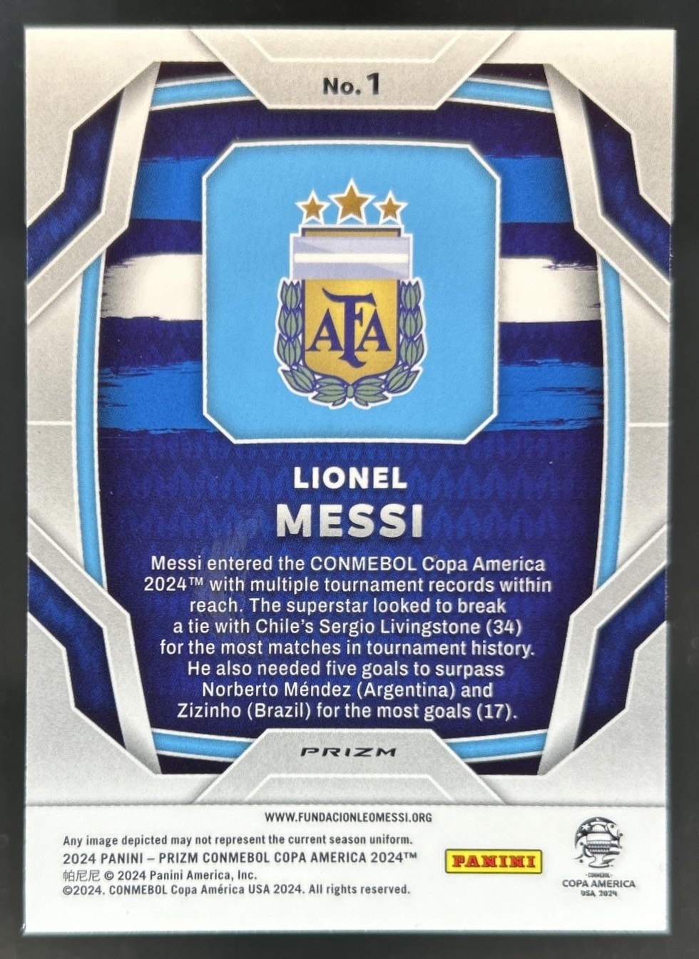 2024-25 Panini Prizm Copa America Lionel Messi SSP Tiger Stripe #1 Argentina view 2