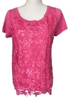 Pink Lace Overlay Short-Sleeve Womens S Classy Top By August Silk Office Casual