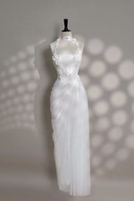 White Sleeveless Tulle Wedding Dress with Floral Embroidery and Corset Back