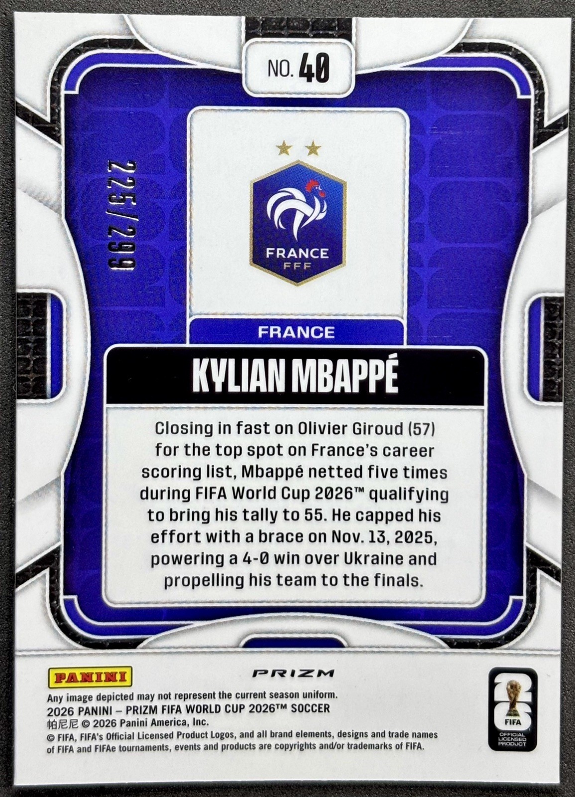 2026 Panini Prizm FIFA World Cup Kylian Mbappe Orange Holo /299 France view 2