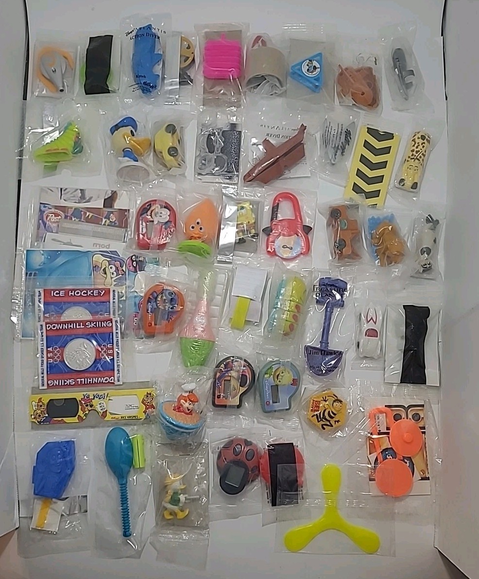 VINTAGE MIXED LOT OF 50 SEALED CEREAL PREMIUMS/TOYS Kellogg’s-Disney Etc. ++