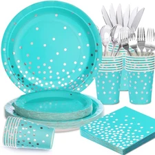 Teal Party Decorations Turquoise Paper Plates Napkins Silverware Serves 25 Guest