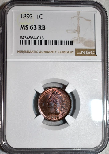 NGC MS-63 RB 1892 Indian Head Cent, Attractively Toned, Red-Brown specimen.