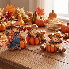 3 Pcs Fall Wooden Scarecrow with Pumpkins Table Decor Set