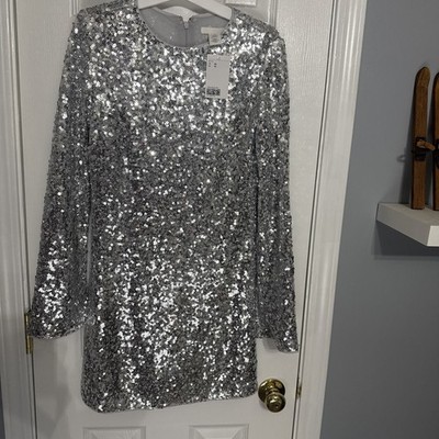 NWT H & M silver sequined long sleeve mini dress~XS~1960's LOOK~NICE
