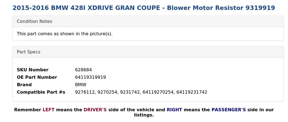 BMW 428I XDRIVE GRAN CUPÉ 2015-2016 - Resistencia del motor del soplador 9319919 Foto 3 de 3