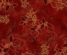 Winter Fabric Christmas Stars Holly Leave Allover Gold Red Stof YARD