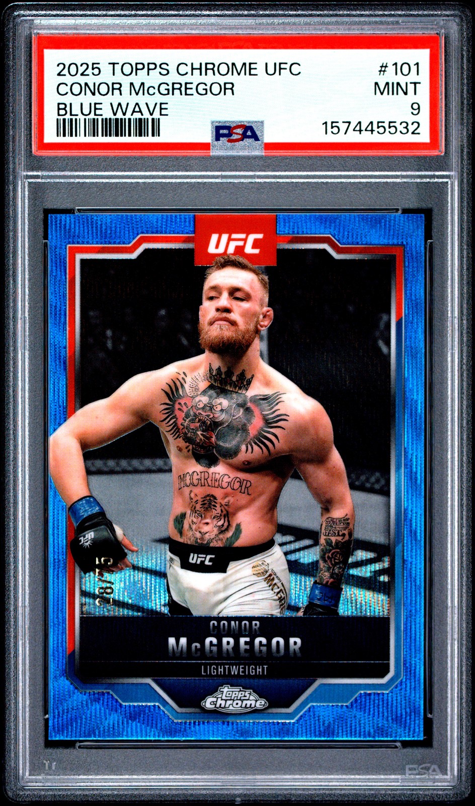 2025 TOPPS CHROME UFC BLUE WAVE #101 CONOR MCGREGOR 28/75 PSA 9