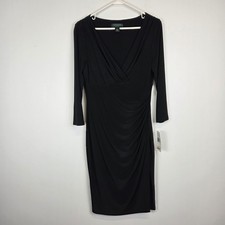 Lauren Ralph Lauren Black Faux Wrap Sheath Dress 3/4 Sleeve Size 10 Ruched NWT