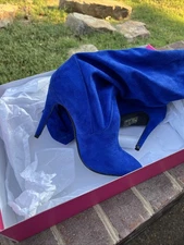 Blue Suade Knee High Heel Boots for Women Pointed Toe