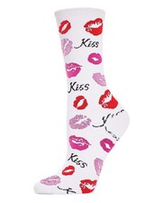 MeMoi Pucker Up Kisses Rayon Blend Crew Socks White One Size Size,