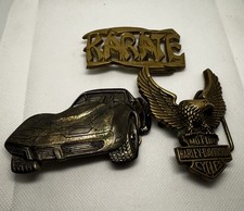 THREE Vintage belt buckles lot: Corvette, Harley-Davidson, Karate.