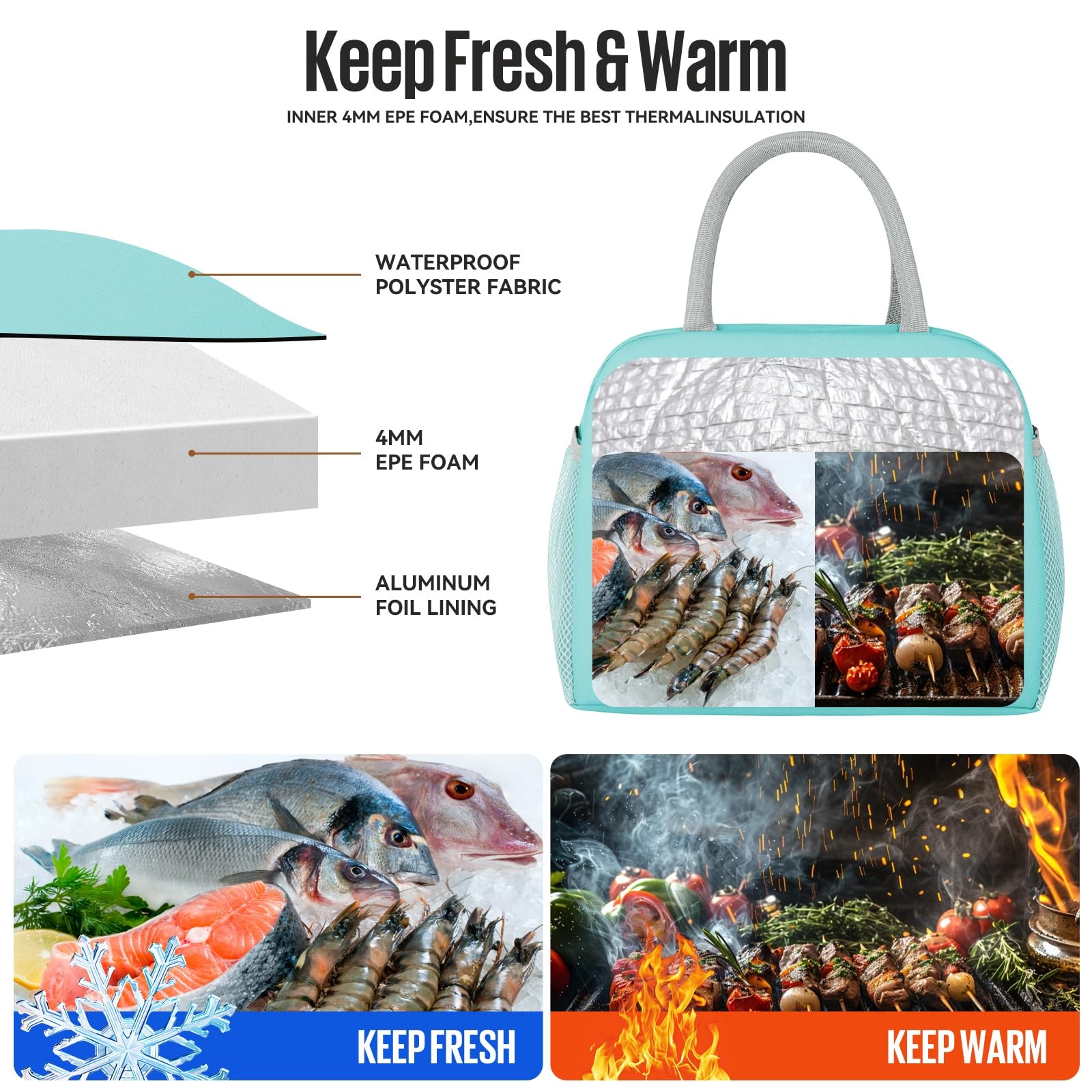 Cyan Lunch Bag, Insulated Lunch Box, Reusable Cooler Tote, Men, Women, Adults