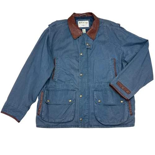 Vintage Orvis Field Jacket XL Blue Brown Leather Trim Chore Barn Utility Hunting