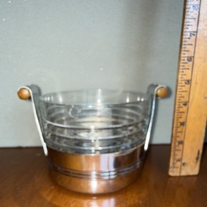 Art-Deco Clear Glass Round Ice Bucket w/ Metal Base & Side Handles, Silver