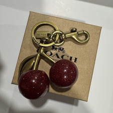 Coach Detachable Cherry Key Chain Red/Gold Metal Resin Logo Glitter for Women