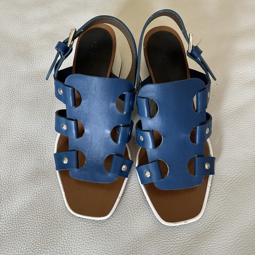 Marni Blue Leather White Patent Leather Sling Back Chunky Heel Sandals Size 36 - Picture 4 of 23