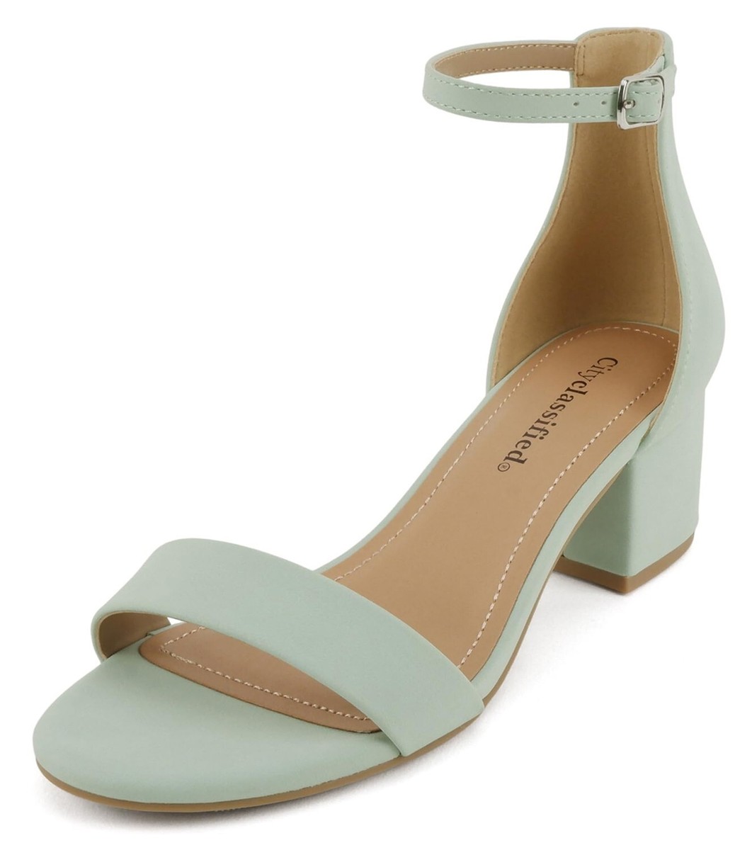 Classified Women Low Block Heel Sandals Open Toe Ankle Strap Weekend Green  Suede