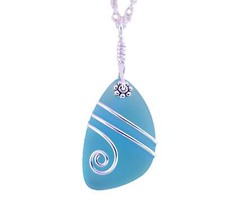 Hawaiian Jewelry Sea Glass Necklace, Wire Turquoise Necklace Blue Necklace, Sea