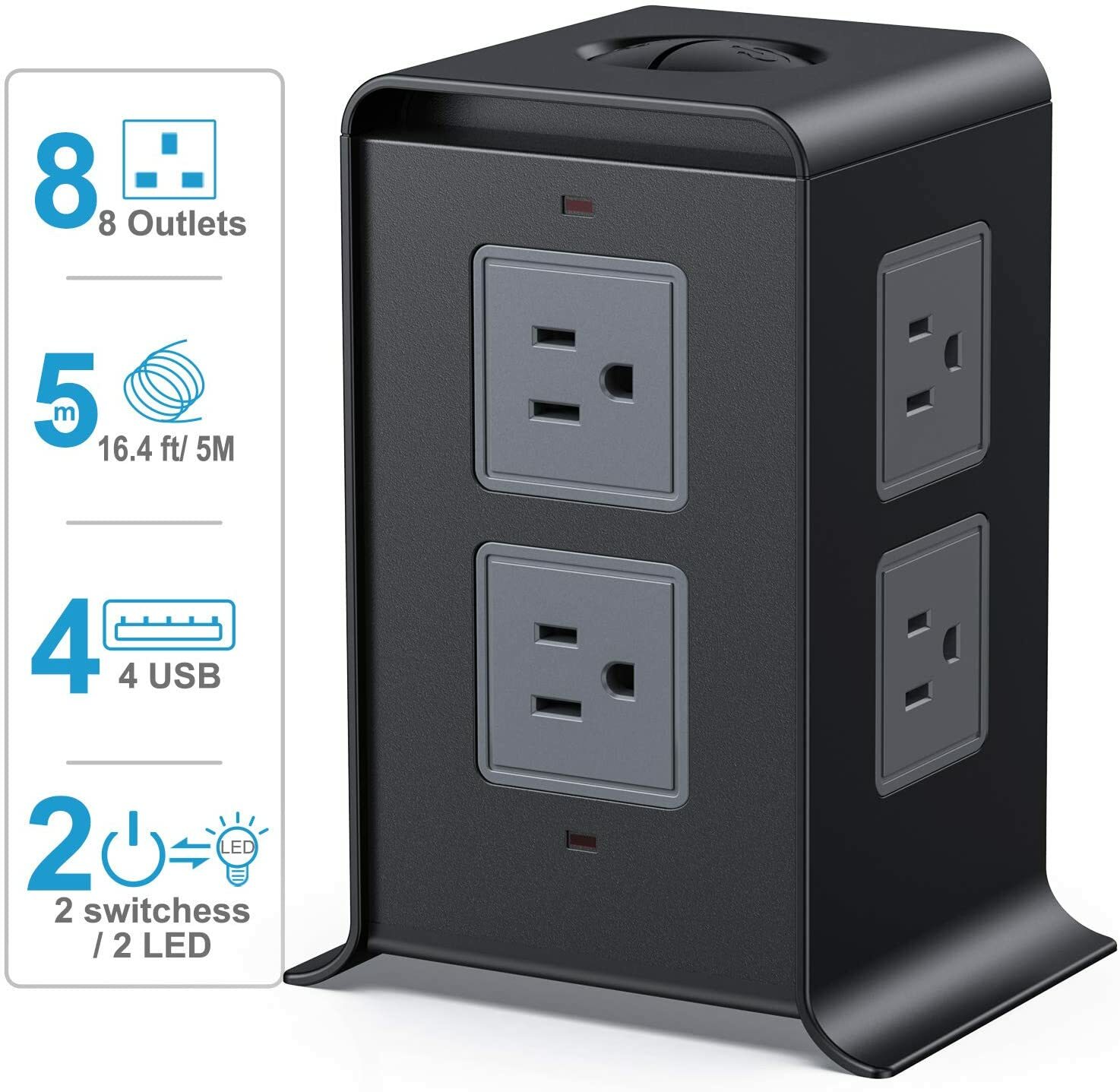 Surge Protector Power Outlet Tower 16.4FT 8 Outlet 4 USB 2500W Charging Station-image