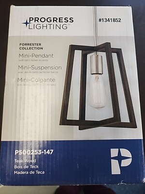 Progress Lighting Forrester Teak Wood Satin Nickel Farmhouse Pendant Light 