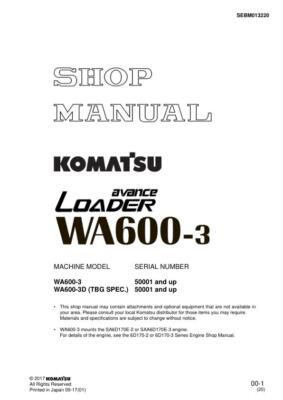Komatsu Avance WA600-3, WA600-3D Loader Repair Shop Service Manual Workshop Book