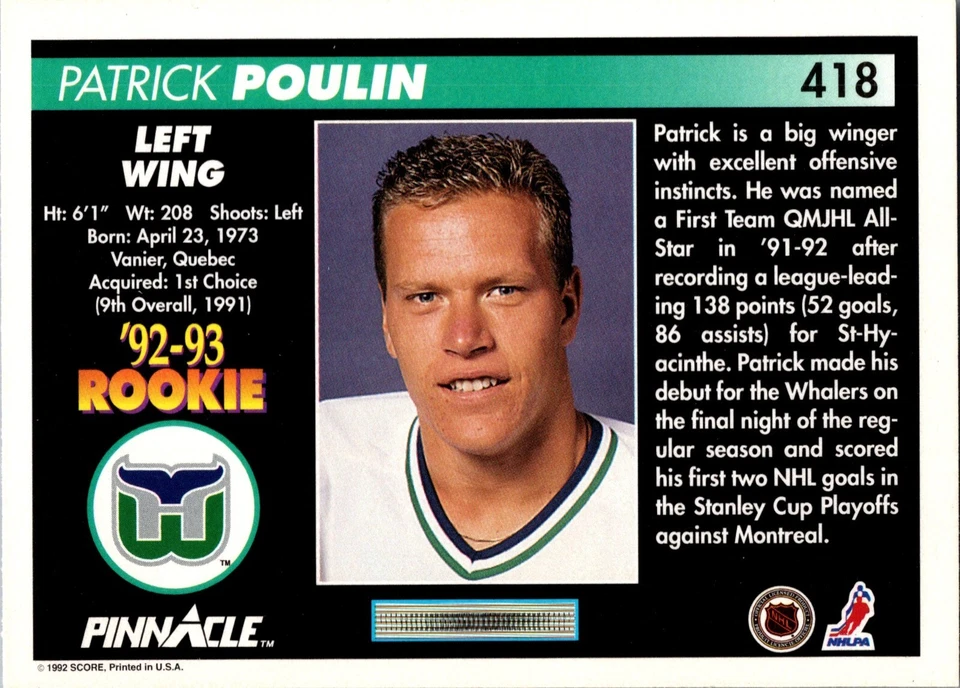 1992-93 Pinnacle - #418 Patrick Poulin - Image 2 of 2