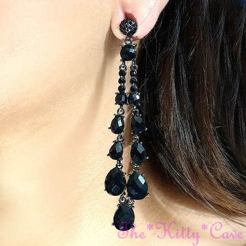 Dramatic Deco Vintage Jet Black Chandelier Drop Earrings w/ Swarovski Crystals - Picture 7 of 12