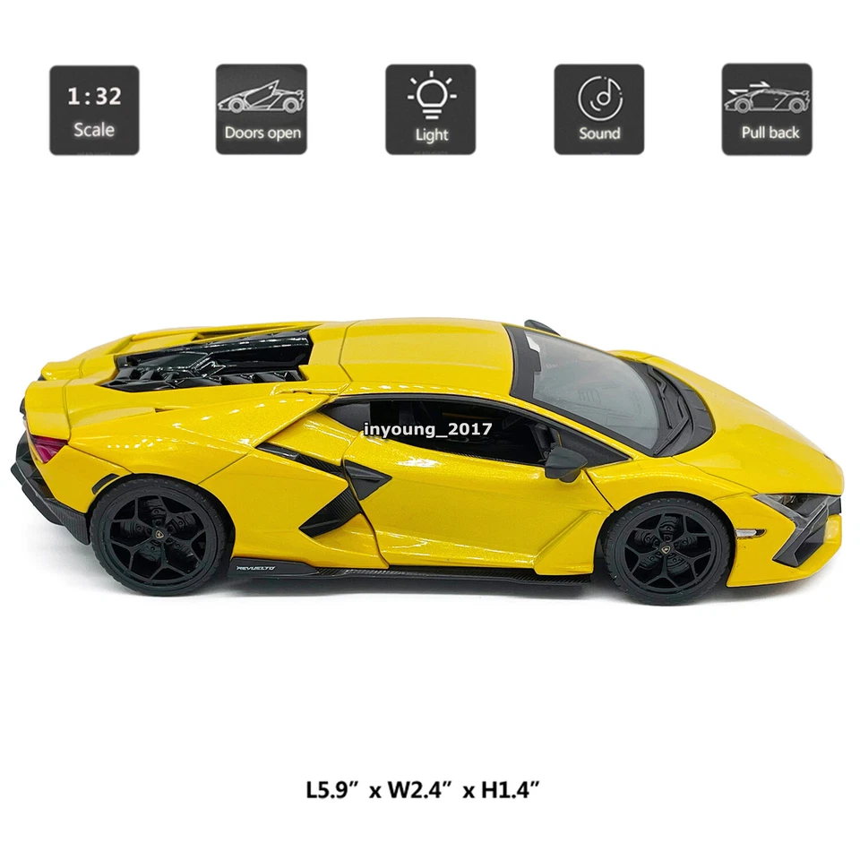 1/32 Scale Lamborghini Revuelto Model Car Diecast Toy Cars Metal Vehicles Yellow - Image 2 of 4