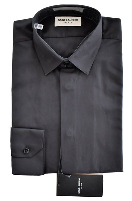 New SAINT LAURENT Paris Solid BLACK 100% Cotton Dress Shirt 38/15