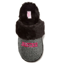 NWT Justice Girls Slip-On Scuff Black Silver Logo Slippers Size 4/5