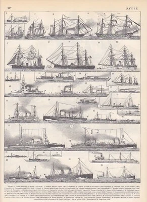 Schiffe Schiffstypen Dampfer Segelschiffe Kriegsschiffe  HOLZSTICH von 1897 - Bild 1 von 2