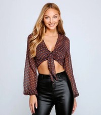 Windsor Dress Store Geometric Sheer Tie Front Blouse Top SMALL NWT