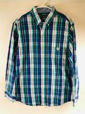 Chaps Shirt Men's Size M Teal White & Blue Plaid Button Down Stretch Easy Care