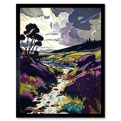 Schottische Landschaft Illustration mit stürmischen Wolken gerahmtes Kunstbild Druck 9 x 7 Zoll