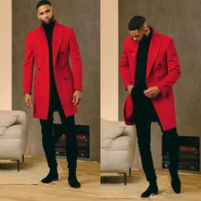 Woolen coat Men's Red Classic Fall Coat Long Jacket Double Breasted Overcoat