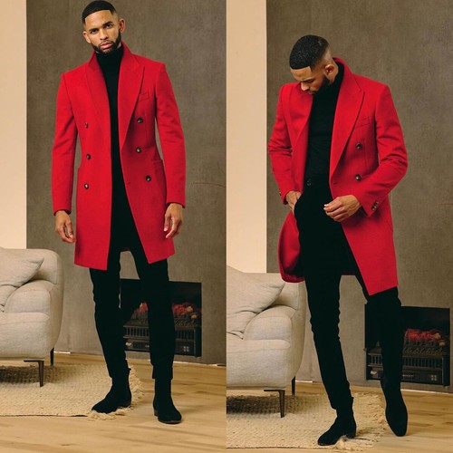 Men's Red Classic Fall Coat Long Jacket Double Breasted Overcoat - Picture 1 of 17