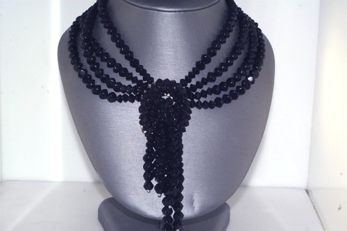 Antique Art Deco Vtg Black Glass Four Strand Bib Tassel Necklace