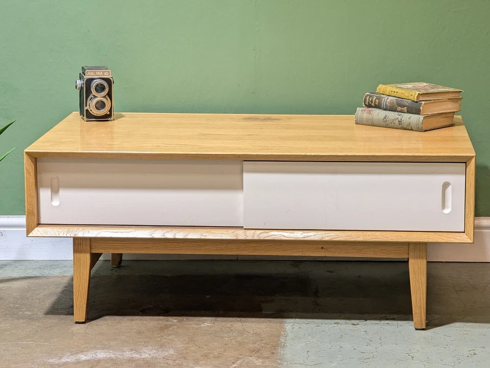 Contemporary Modern Oak Coffee Table Mid Century Danish Style Storage White Door - Image 2 of 4