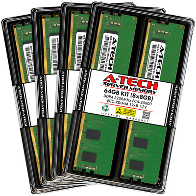 A-Tech 64GB 8x 8GB 1Rx8 PC4-25600R DDR4 3200 MHz ECC REG RDIMM Server Memory RAM