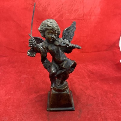Bronze Cherub Angel Boy Playing Violin 12.5  Tall Heavy