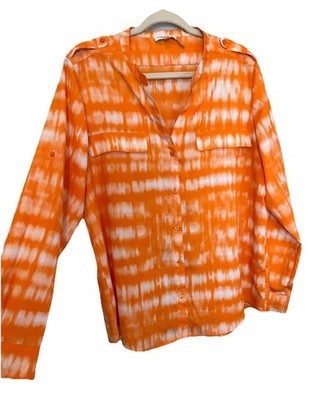 Calvin Klein Women's XL Blouse Shirt Button-up Roll Tab Abstract Print Artsy
