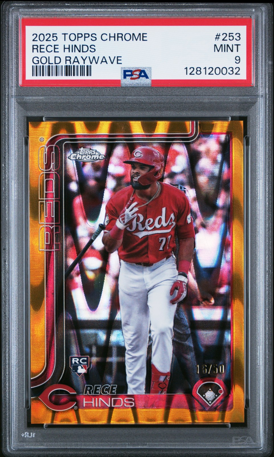 2025 TOPPS CHROME GOLD RAYWAVE #253 RECE HINDS 16/50 PSA 9